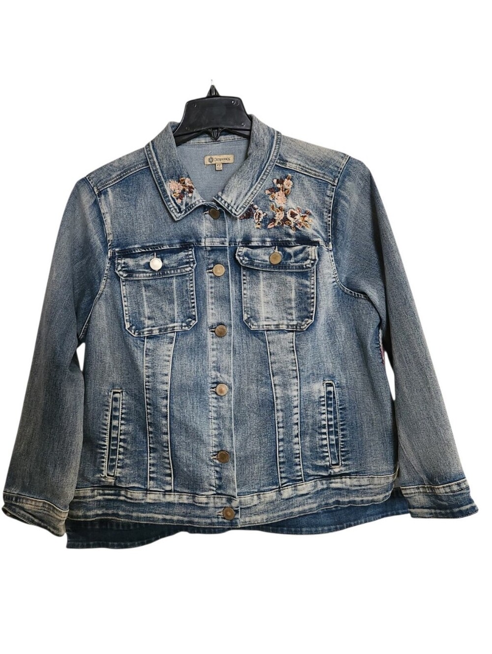 Democracy Womens Plus Size 1X Distressed Floral Embroidered Denim Jean Jacket
